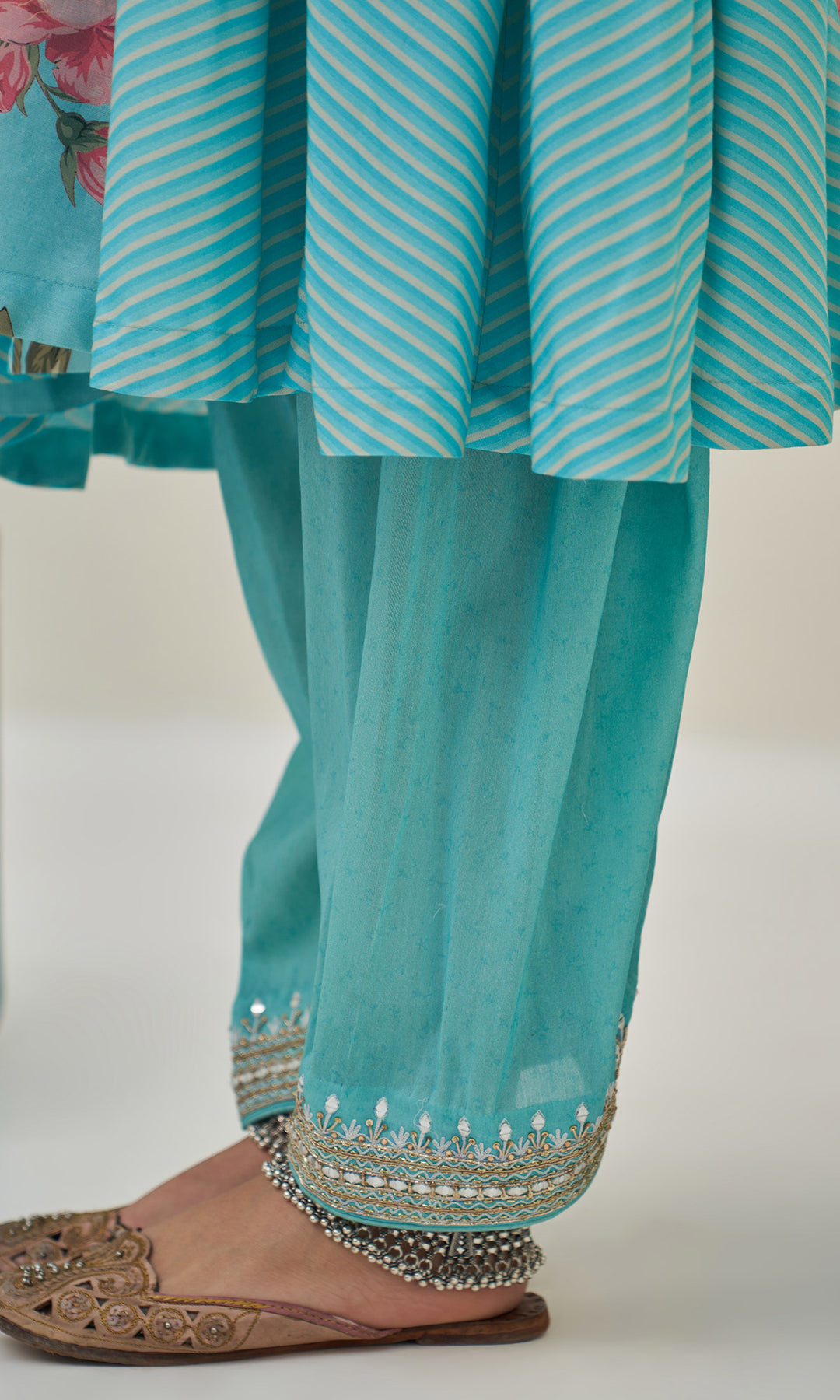 Noor-E-Bagh - Turqoise Floral Embroidered Choga Set- Set Of 3