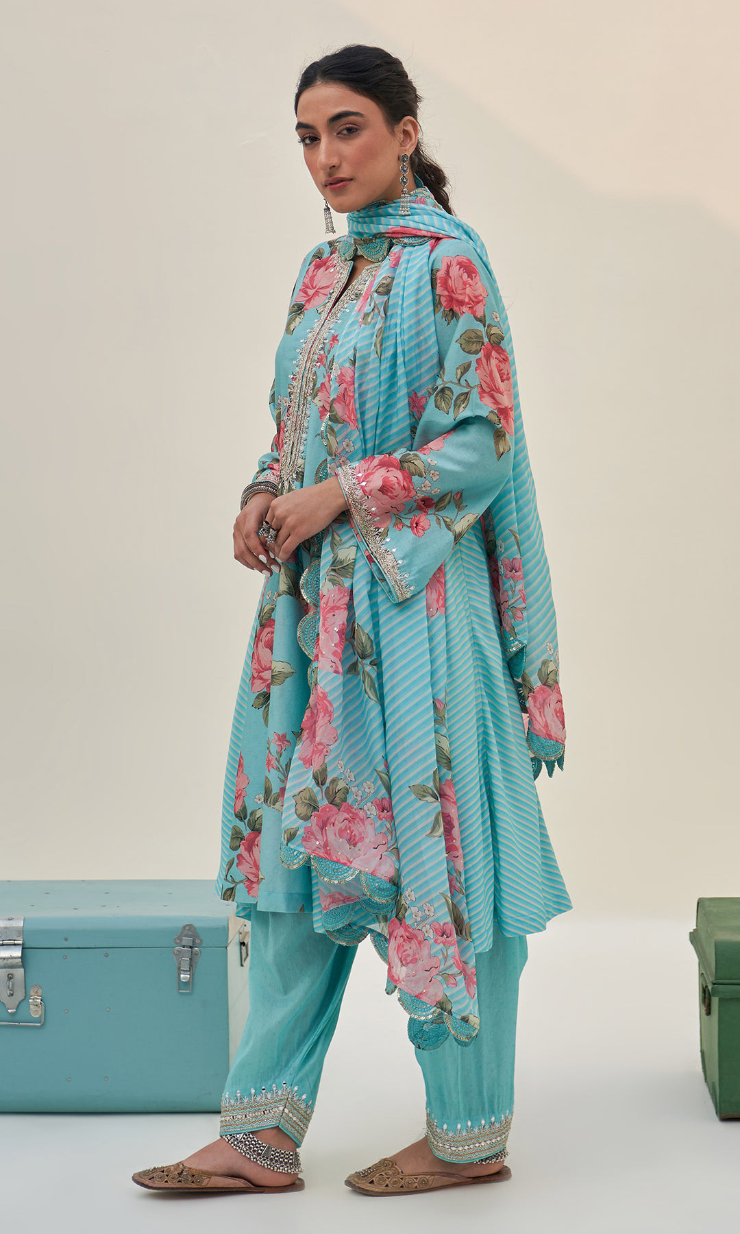 Noor-E-Bagh - Turqoise Floral Embroidered Choga Set- Set Of 3