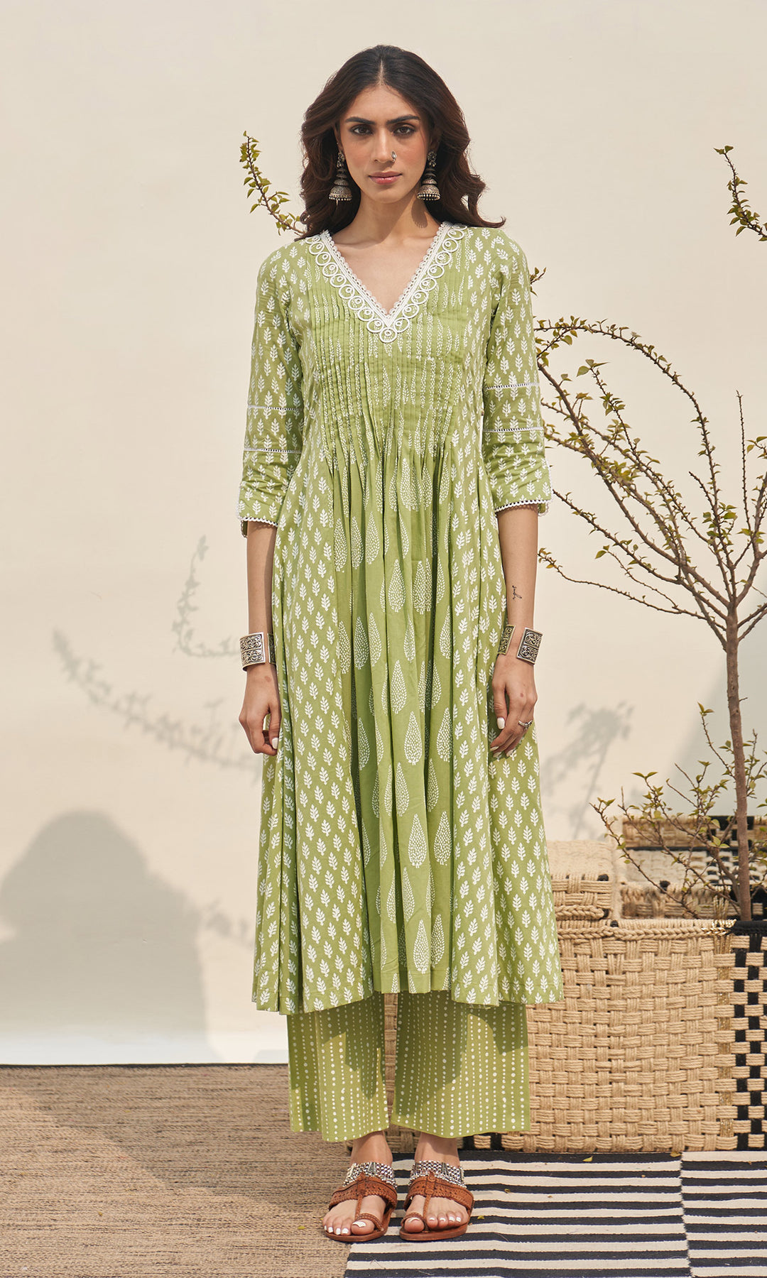 Jannat 2.0 Pista Green Block Printed Pintuck Kurta  Set - Set Of 3