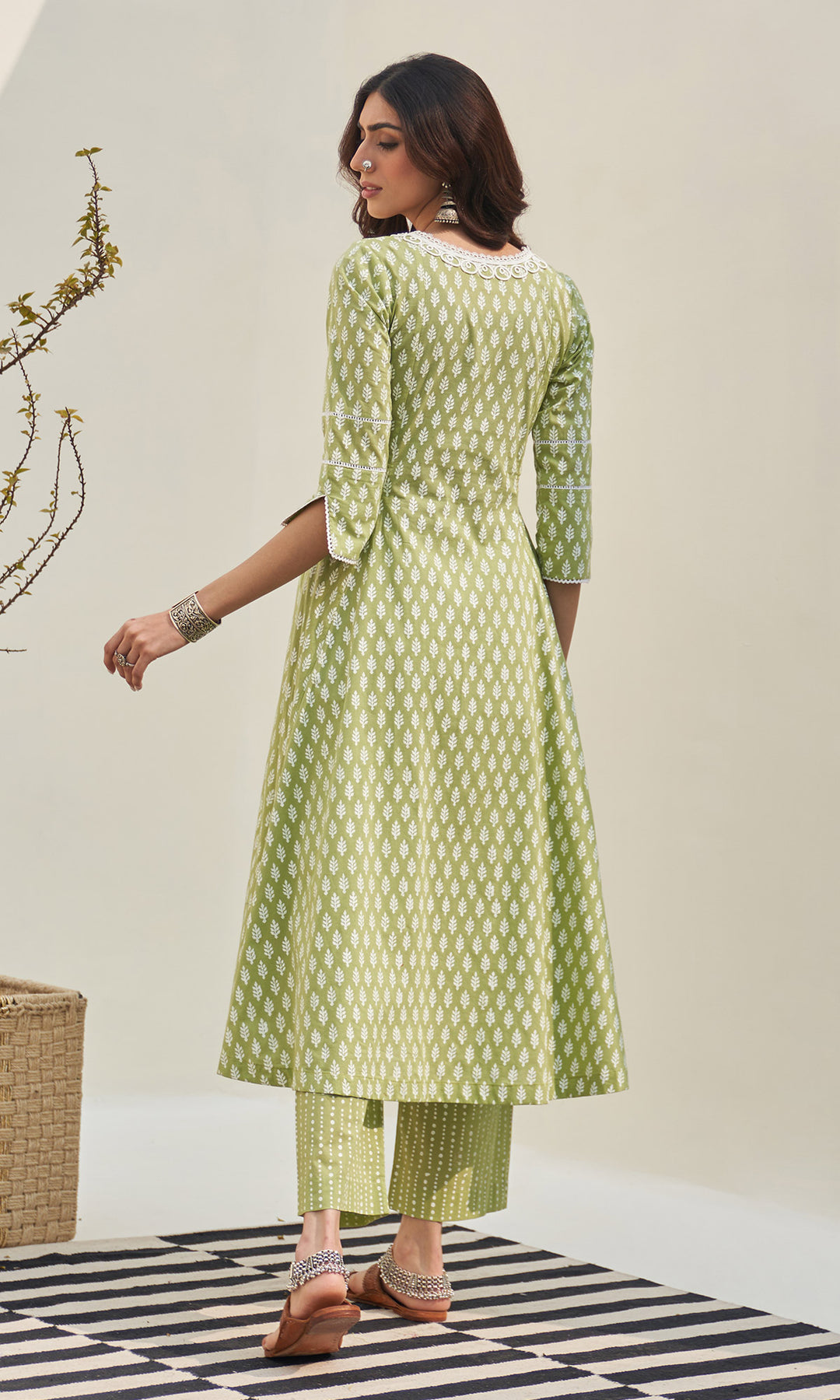 Jannat 2.0 Pista Green Block Printed Pintuck Kurta  Set - Set Of 3