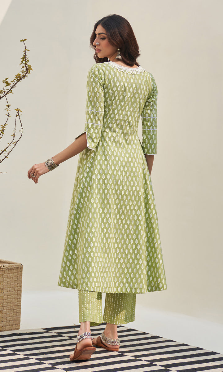 Jannat 2.0 Pista Green Block Printed Pintuck Kurta  Set - Set Of 3