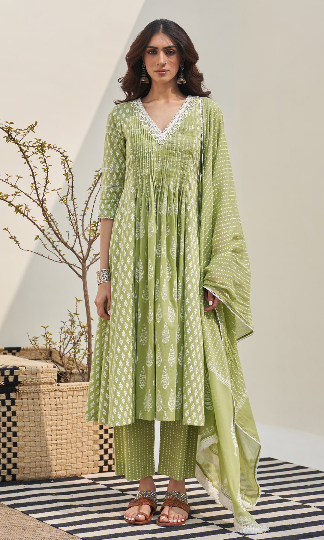 Jannat 2.0 Pista Green Block Printed Pintuck Kurta  Set - Set Of 3