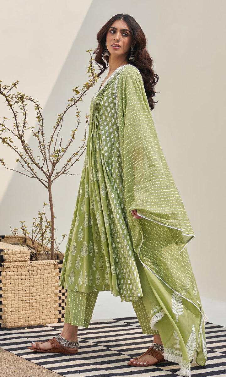 Jannat 2.0 Pista Green Block Printed Pintuck Kurta  Set - Set Of 3