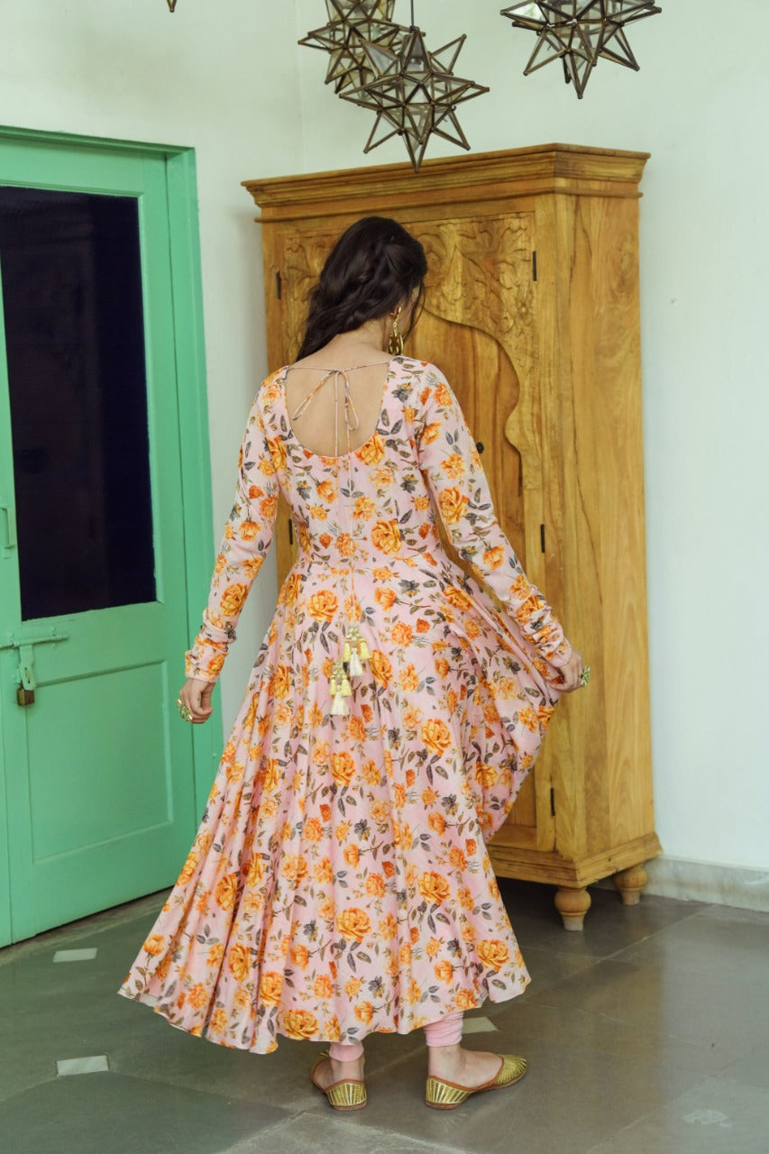 Ridhi Suri Bhanvara Peachy Pink  printed Anarkali with chooridar and dupatta- set of 3