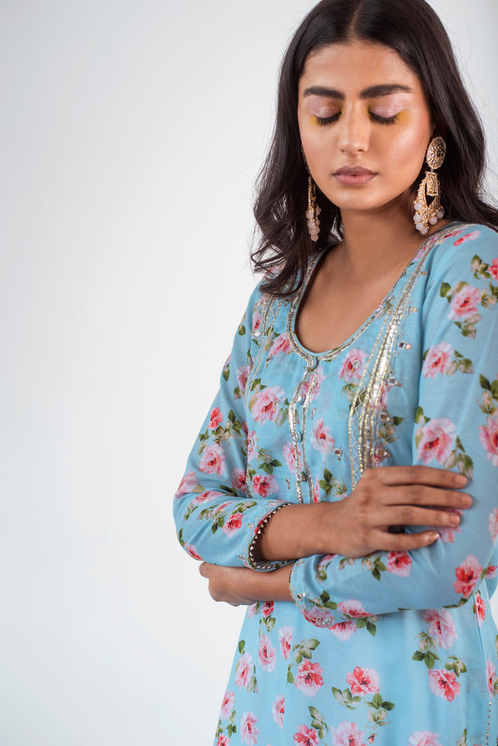 Ridhi Suri Amaltas Blue floral printed kurta with white salwar and Pink dupatta- set of 3