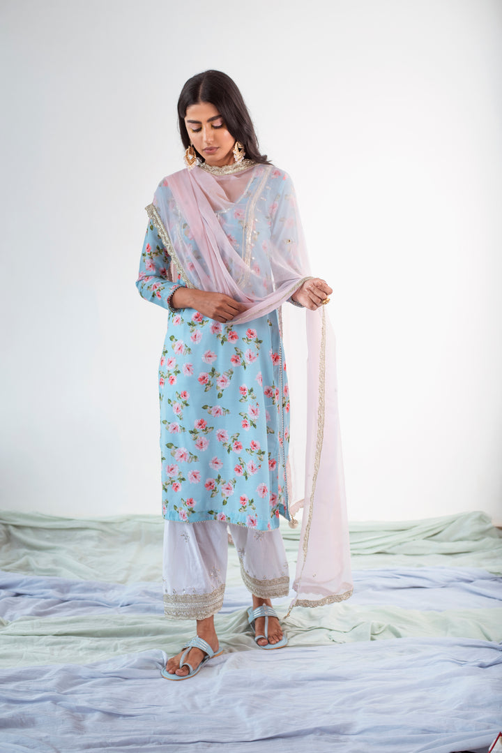 Ridhi Suri Amaltas Blue floral printed kurta with white salwar and Pink dupatta- set of 3
