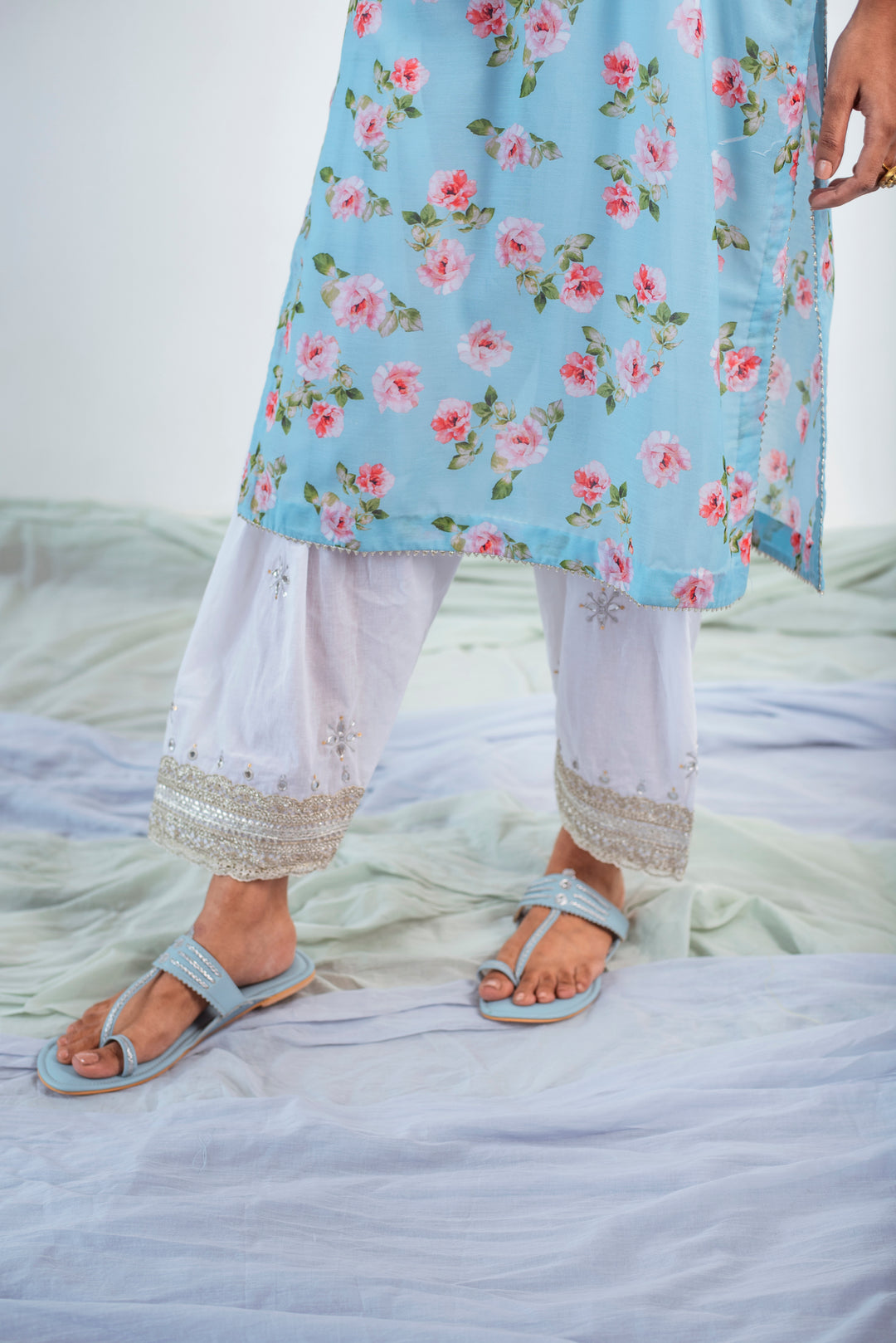 Ridhi Suri Amaltas Blue floral printed kurta with white salwar and Pink dupatta- set of 3