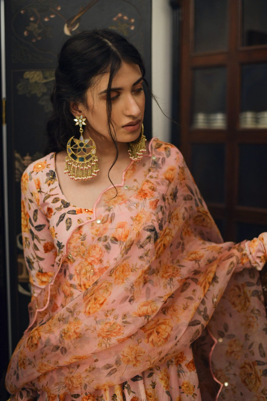 Ridhi Suri Bhanvara Peachy Pink  printed Anarkali with chooridar and dupatta- set of 3