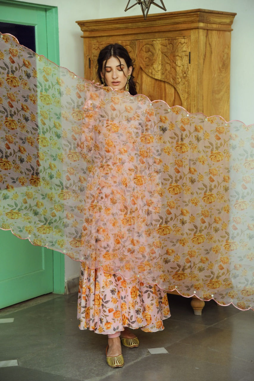 Ridhi Suri Bhanvara Peachy Pink  printed Anarkali with chooridar and dupatta- set of 3